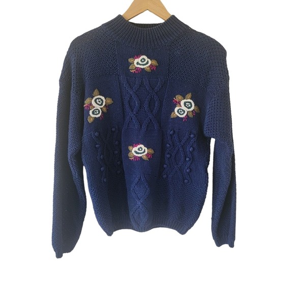 Vintage Marnie West Floral Sweater Pullover Blue Medium Cottagecore Knit Jumper - Picture 6 of 7